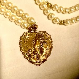 Long Pearl Necklace with Gold Heart Pendant